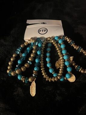 Turquoise and Gold Beaded Charm Bracelet Set